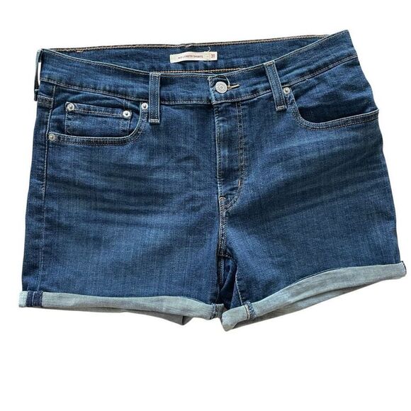 New Levi’s Mid Length Shorts Dark Blue Denim Jean Women’s Sz 31 Stretch Cuffed - Picture 1 of 7